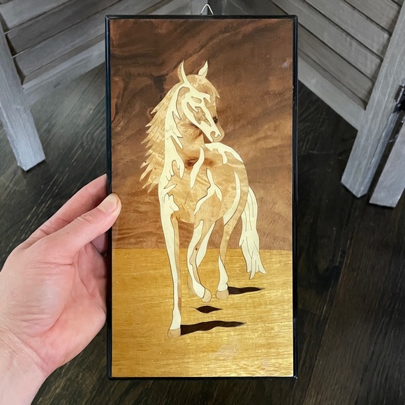 Other - Vintage Handcrafted Marquetry Inlaid Wood Horse Western Wall Art Panel decor